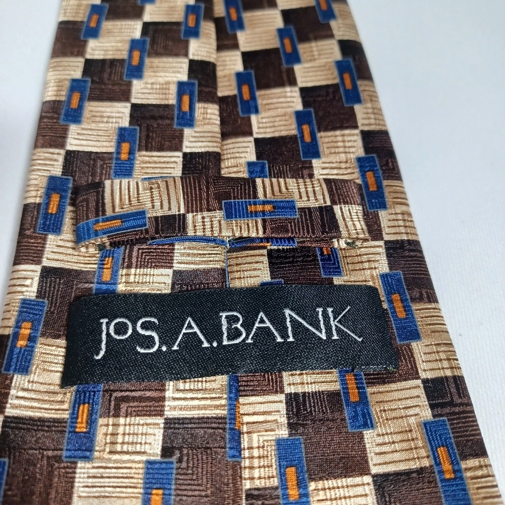 Jos A Bank Imported 100% Silk Tie Geometic Square Brown Beige Blue Orange